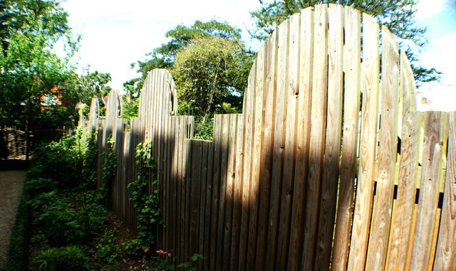 Wooden plank-style fence has variation of length of the boards. Boards are cut flat across top for a few feet, then longer boards cut to make an arch. So there are several arches that add interest to an otherwise straight fence