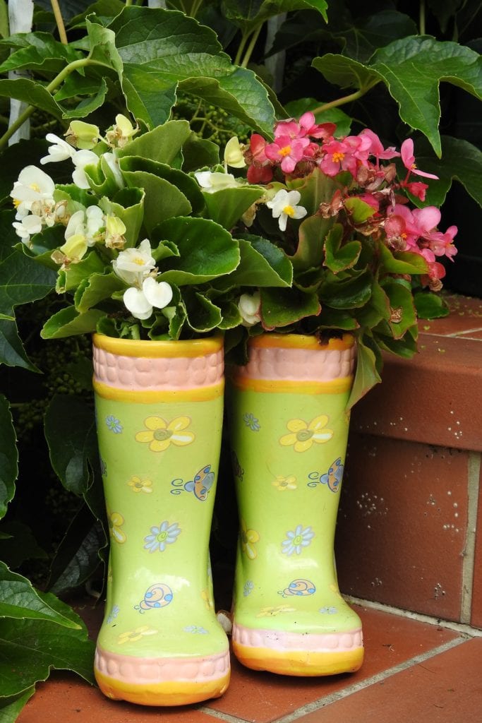 picture of child's rain boot with flowers planted in them. An easy garden crafts