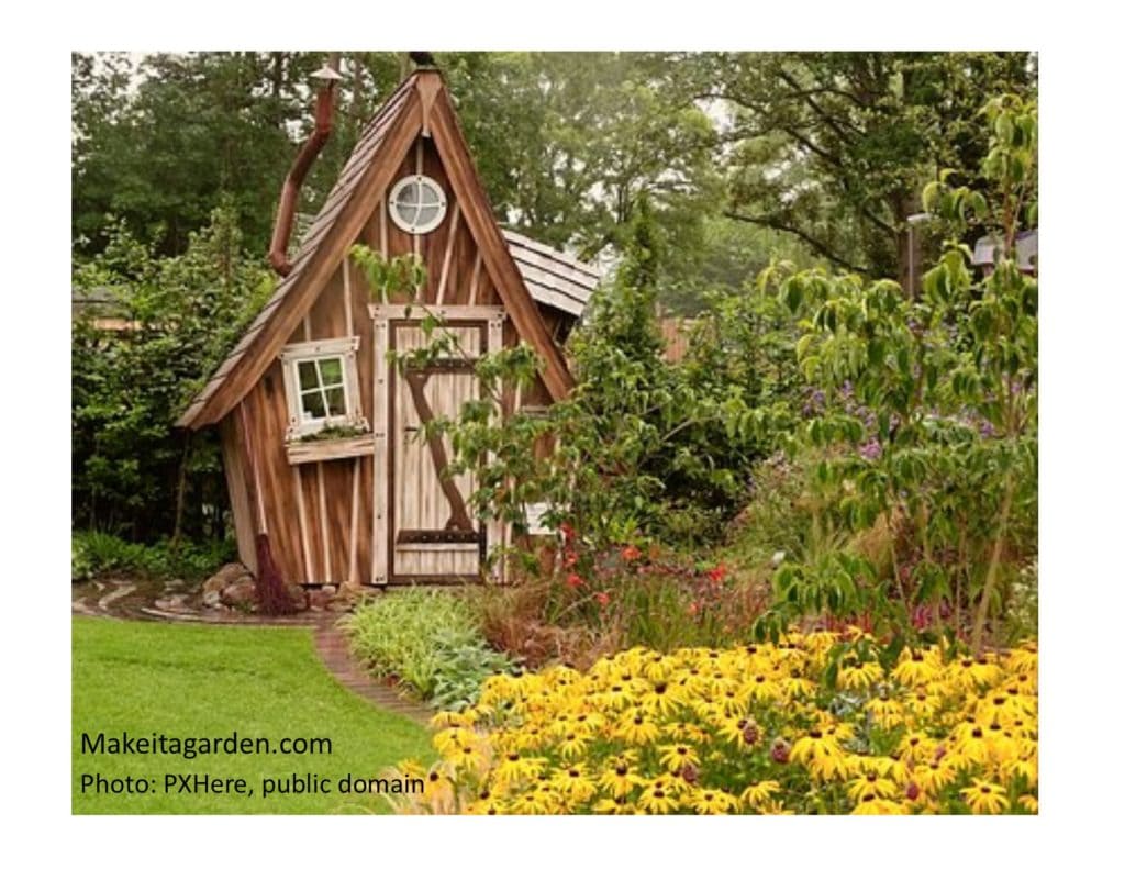 weird storybook style garden shed with tilted windows and crooked dormer can be used as garden focal point