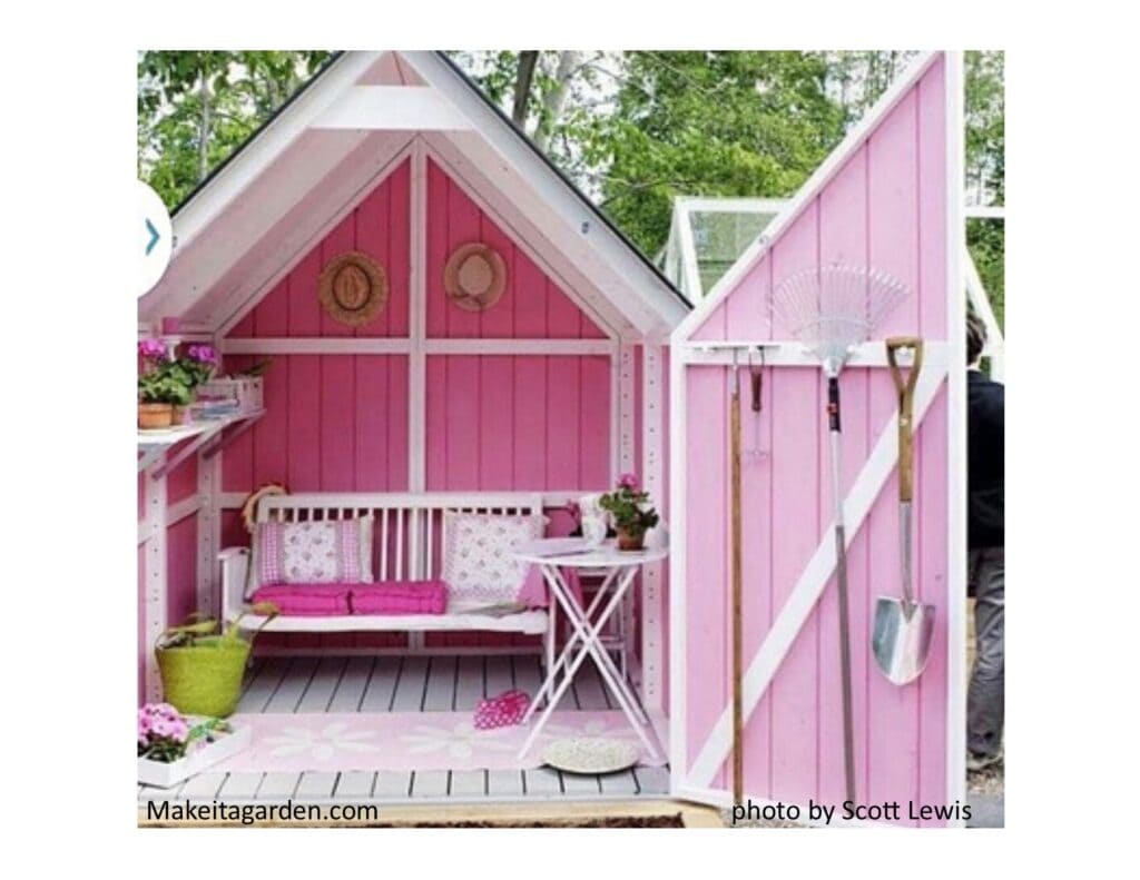 Pink garden shed decorated in a feminine way to be a little cottage to relax