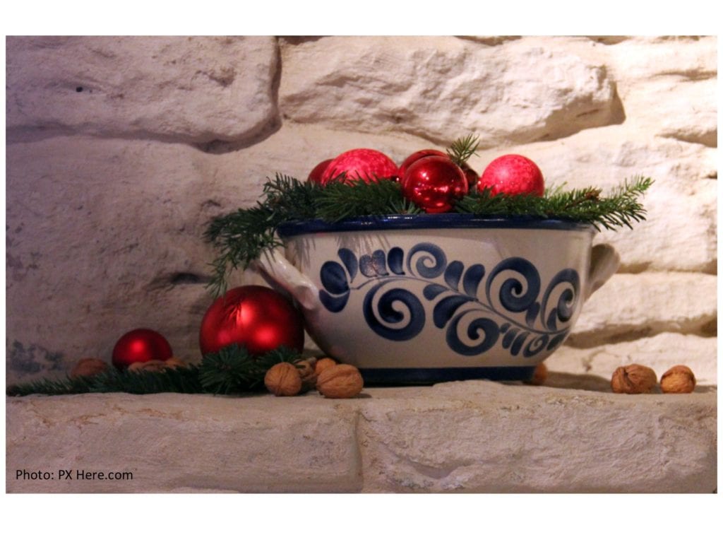 Christmas decor at the thrift store. Christmas tree balls are decorative placed in a pretty bowl on the fireplace mantel 