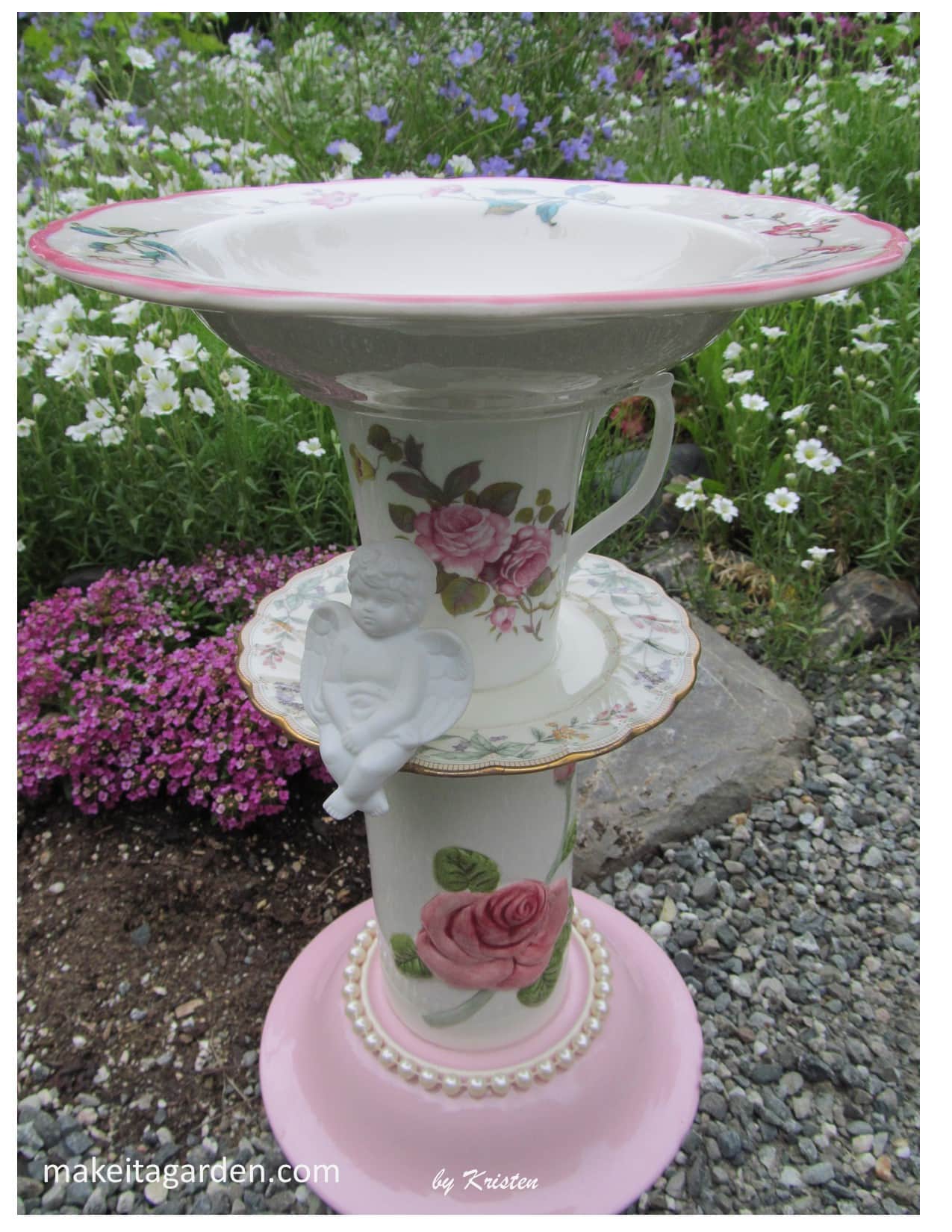 Vintage Red Floral Ironstone Porcelain Teacup and Saucer Bird Feeder Waterer 