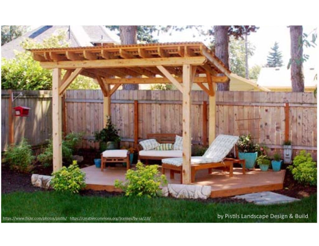 Photo of a pergola with wood deck and lawn chairs are a simple backyard project for a small budget