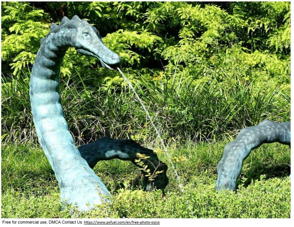 a water fountain shaped like a dragon. The water shoots out of the dragon's mouth. Whimsical garden focal point