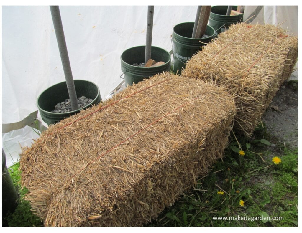 Strawbale gardening. Photo shows two average sized bales of straw