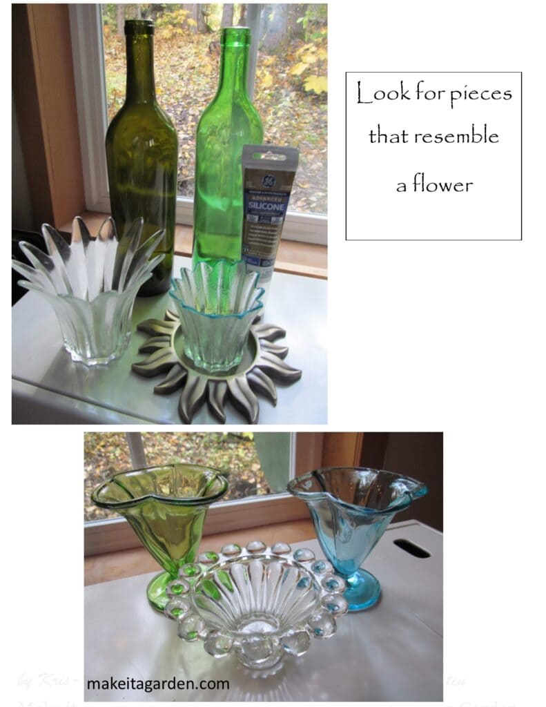 display of various glass pieces to use for making wine bottle flowers
