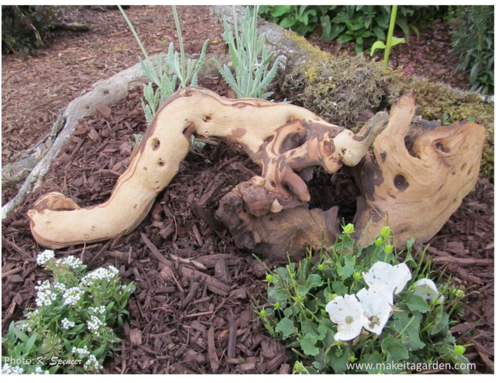 two small pieces of driftwood in the garden next to some low growing flowers