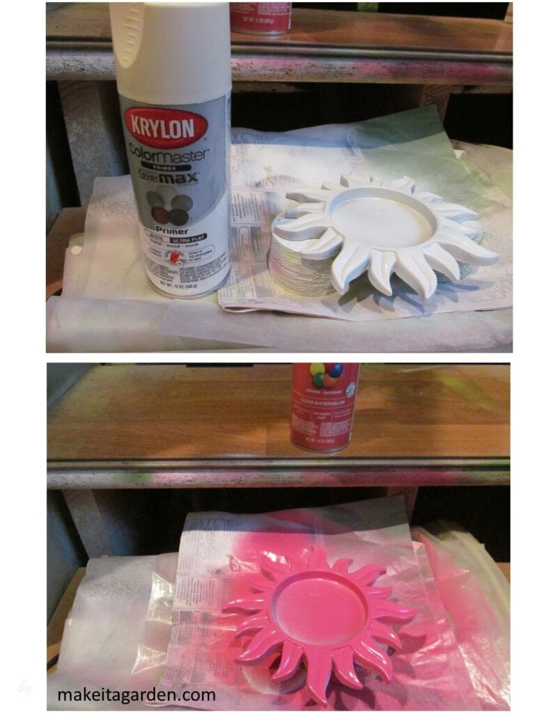 Photo of spray painting a decorative metal plate that looks like a sunflower. 