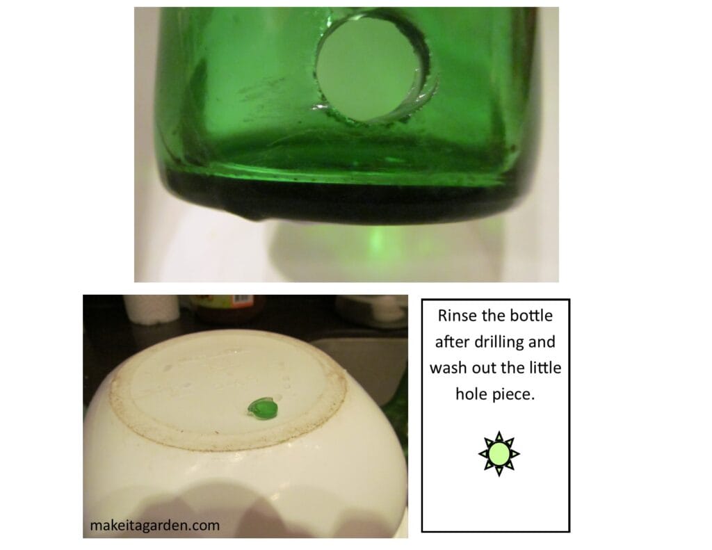 Close up of the completed hole drilled in the bottom of a wine bottle to insert holiday mini lights And a photo of the little round piece of glass remnant after the hole was made