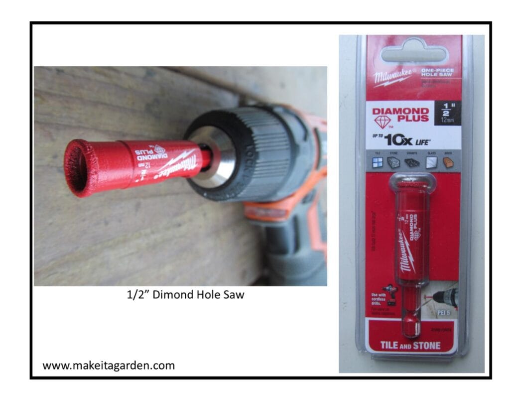 a cordless drill with a hole saw drill bit  and next to it, what the drill bit looks like in a package at the store. 