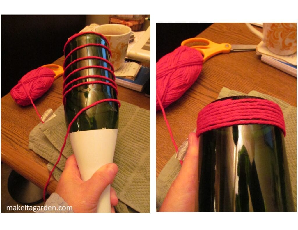 Yarn wrapped wine bottles. Two images. One shows twisting the yarn around the bottle. The second shows pushing the yard strands down the length of bottle so they compact together.