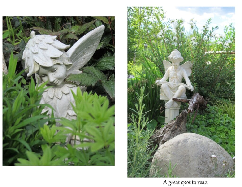 garden ornaments--small stone fairy girl and boy. Adding art is a great start to a spectacular flower garden
