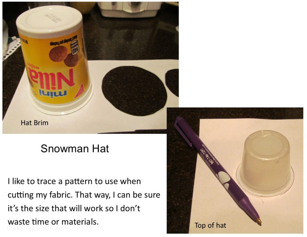 using a plastic container to draw a pattern on white paper for making the hat for the wine bottle snowman