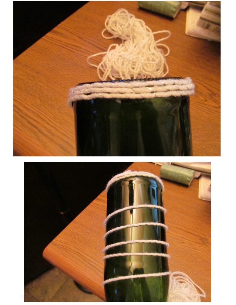 Technique to wrap the yarn around the bottle so it stays in place and the rows stay straight and so it can be done quickly. 