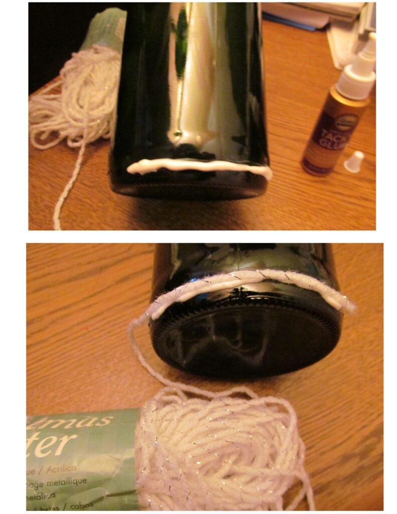 how to apply glue to the bottom edge of wine bottle and attach the yarn for making a wine bottle snowman.