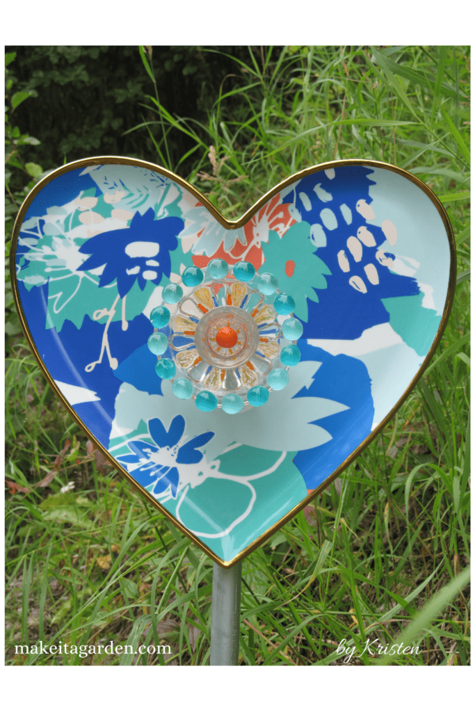 Heart-shaped serving tray turned into a garden stake, for DIY Garden decor