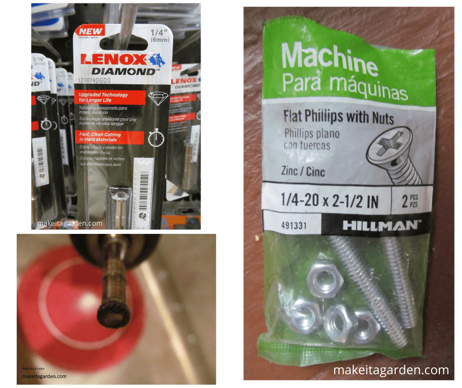 group of 3 hardware items to make garden art piece. 1 is package containing a drill bit. 2nd pic of drill bit up close, 3rd pic of package of machine screws