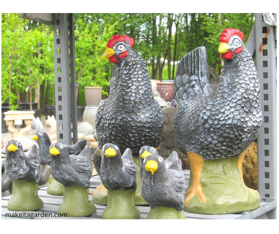 Chicken yard art, rooster, hen, chicks