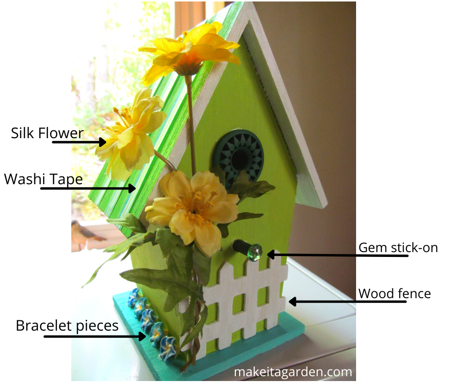 Wooden birdhouses diagram identifies each unique craft item used to decorate it