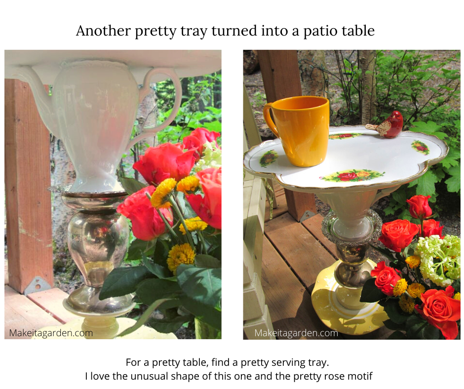 2 photos side by side. Photo Left shows the tea pot that makes the stand for a small patio table. Photo right shows the whole patio table and top of tray with coffee mug on it.
